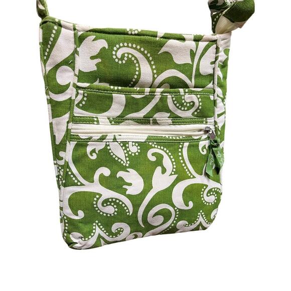 Thirty-One Canvas Crossbody Zippered Multiple Compartments Green and White Print - Picture 1 of 9